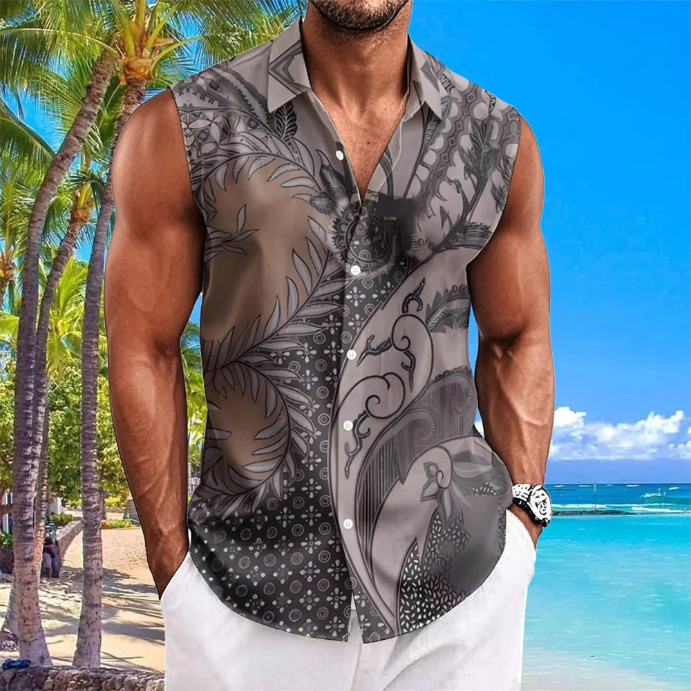 Ethnic Style Men's Shirts Cashew Flower Print Sleeveless Lapel Tops Hawaiian Shirt For Men Casual Vintage Oversized Men Clothing