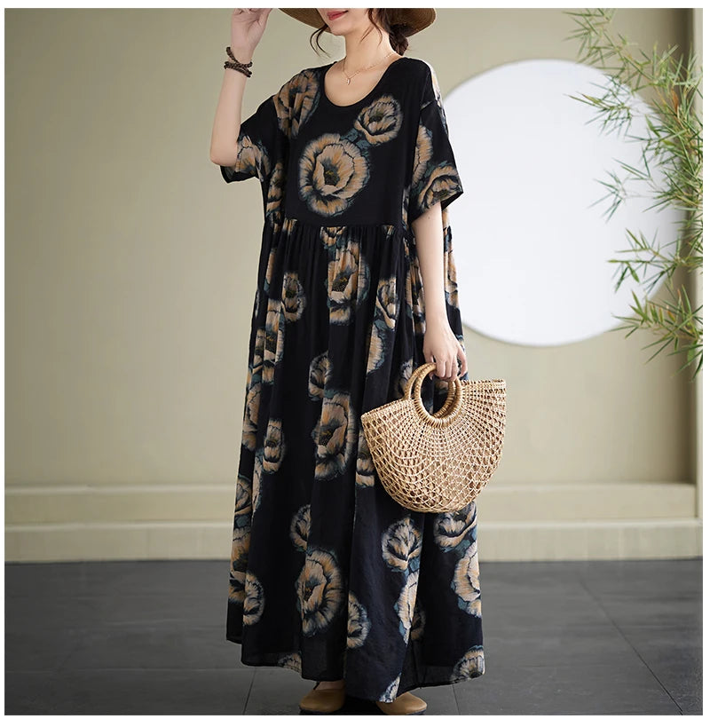 Oversized Summer Bohemian Style Long Dress Women Ruffle Pleated Fashion Flower Print Ladies Dresses Loose Casual Woman Dress