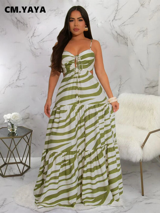 CM.YAYA Printed Women Strap Sleeveless Backless Long Dress 2025 Birthday Beach Evening Sexy Night Party Maxi Dresses Vestidos