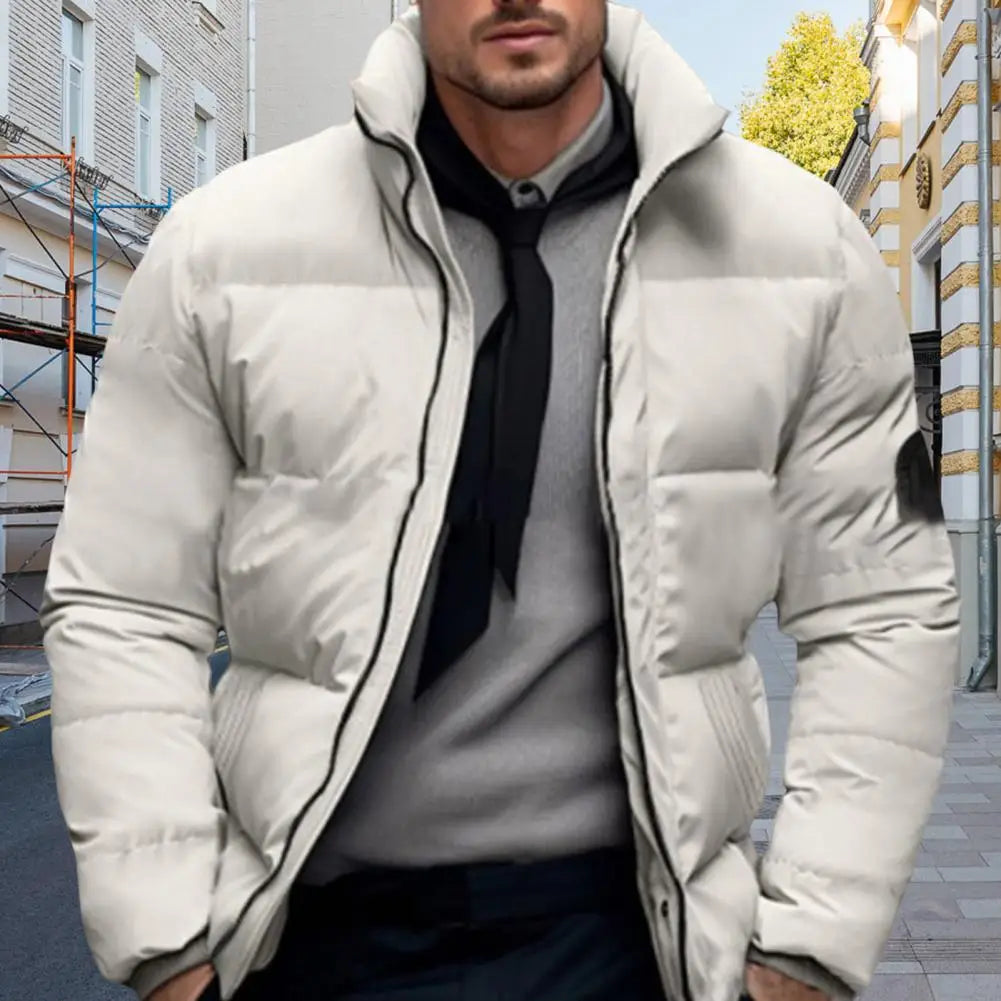Men Quilted Jacket Solid Color Stand Collar Long Sleeve Zipper Closure Cotton Coat Thickened Jacket Down Cotton Puffer Outwear