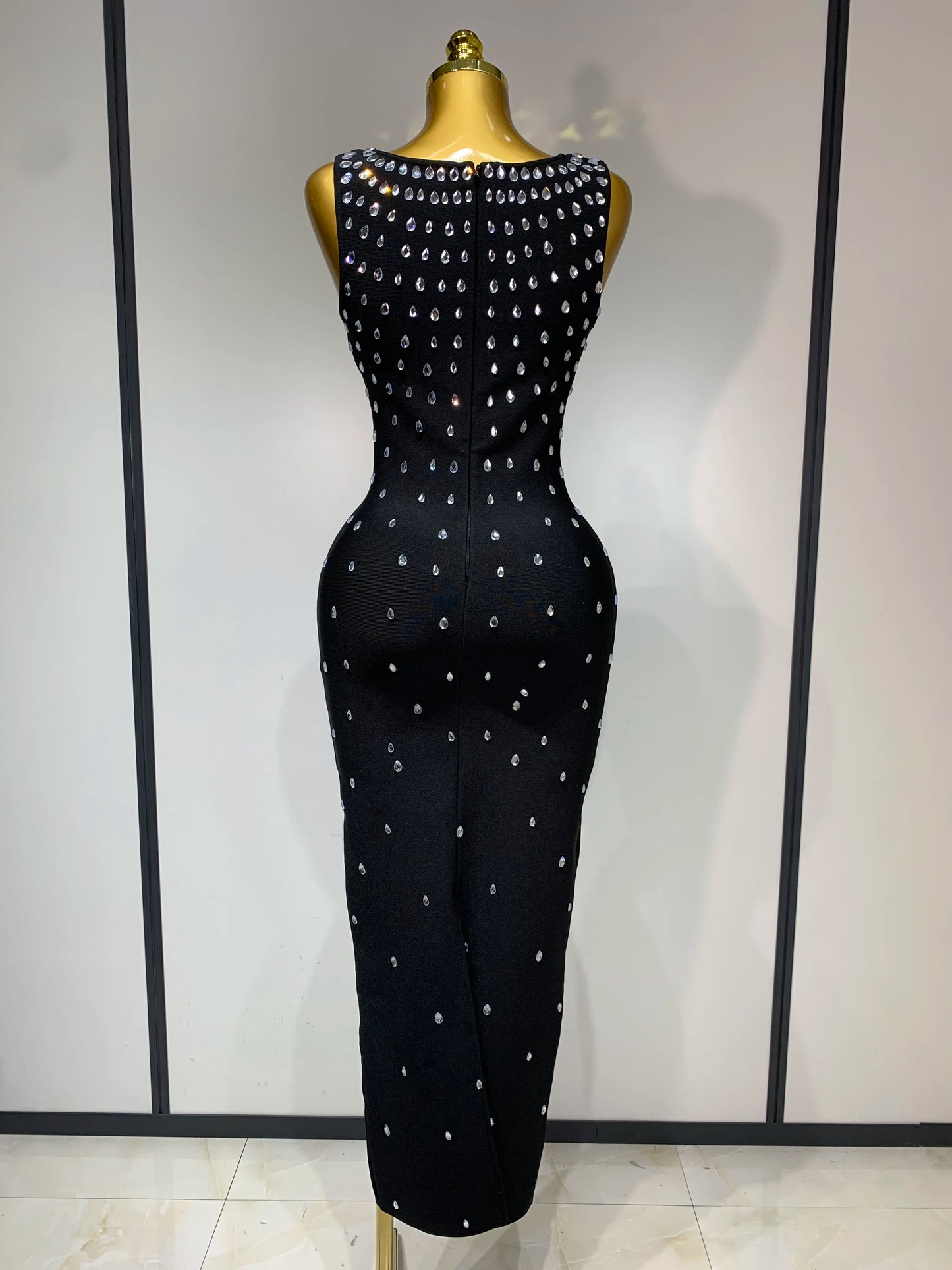 Women Sparkly Rhinestone Bandage Long Dress Elastic Sleeveless Bodycon High Street Evening Club Party Elegant Birthday Gowns
