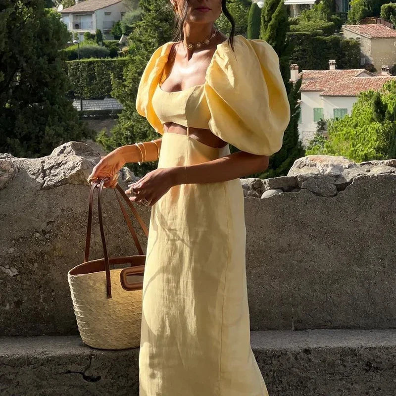 Women Sexy YellowSlash Neck Hollow Straight Show Waist Party Dresses Summer Elegant High waisted Slim Women Long Dress Vacation