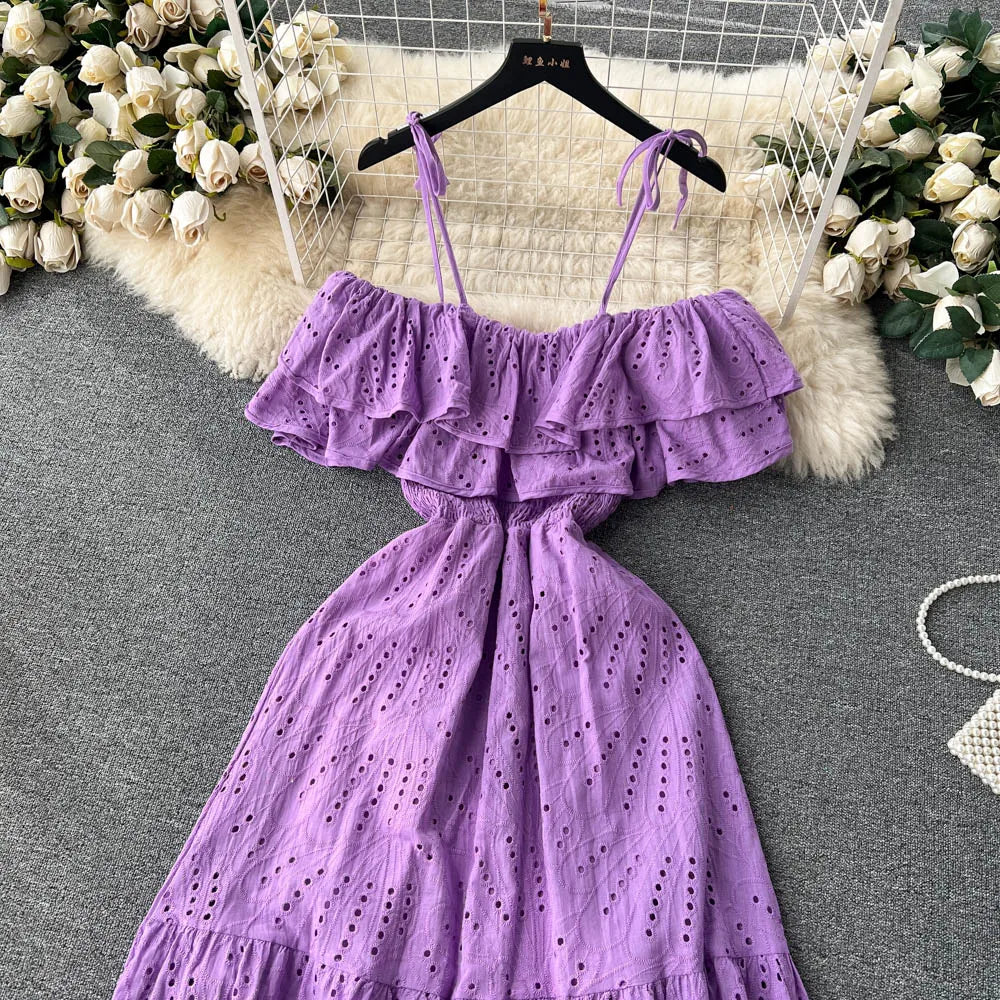 SINGREINY High Street Cotton Embroidery Long Dress Women Hollow Out Backless Beach Sundress Fashion Off the Shoulder Sexy Dress
