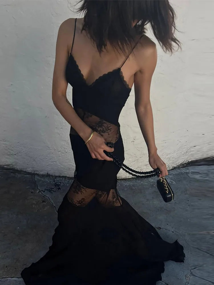 New Sexy Lace V-neck Sling Long Dress Women Retro Black Perspective Sleeveless Patchwork Maxi Dresses Female Chic Street Party