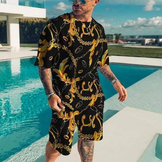 2025 Summer New Men's Luxury Gold Pattern Sportswear 3D Printed Short Sleeve T-shirt Set Fashionable Casual Men's T-shirt Two Pi
