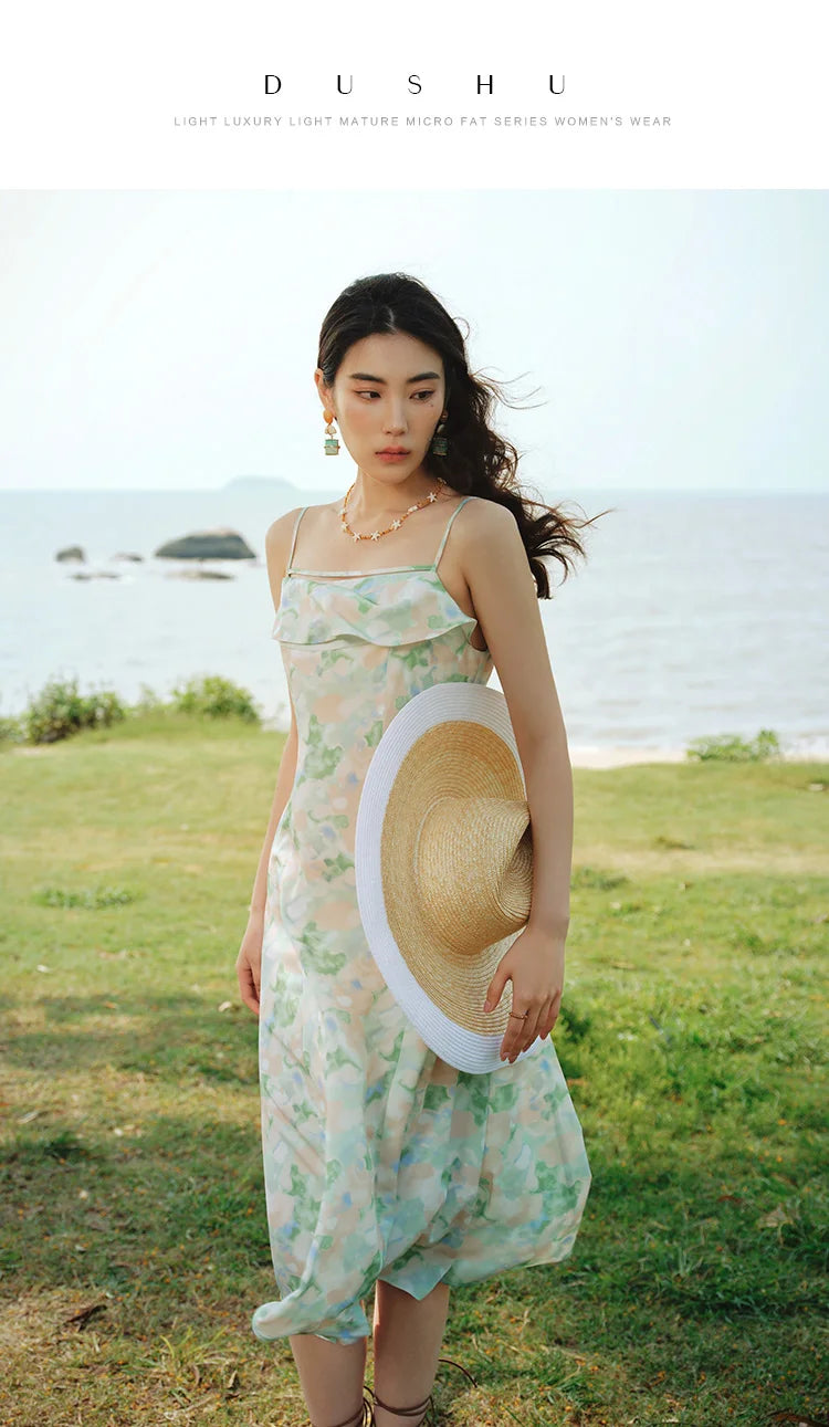 DUSHU Summer Elegant Printed Strappy Women Long Dress 2024 Summer New French Style Romantic Holiday Dress For Female 24DS82800