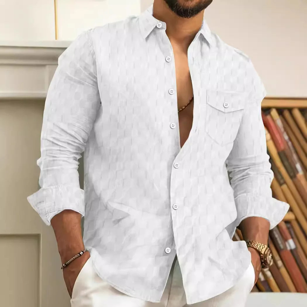 Spring and autumn Men's Fashion luxury lapel jacquard plaid loose pocket comfortable top street nightclub long Sleeve Cardigan
