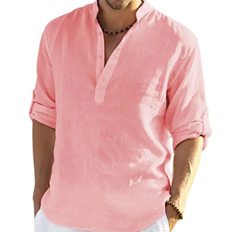 1pcs Summer Men Lightweight Shirt Male Long Sleeve Cotton Linen Shirts Beach Loose Fitting Shir Men's Breathable Collar T Shirt