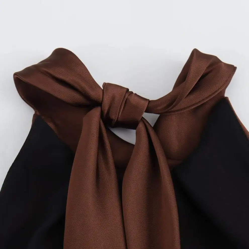 Halter Satin Long Dress Women Tied Backless Brown Midi Dress Summer Off Shoulder Party Dresses Pleated Evening Dress