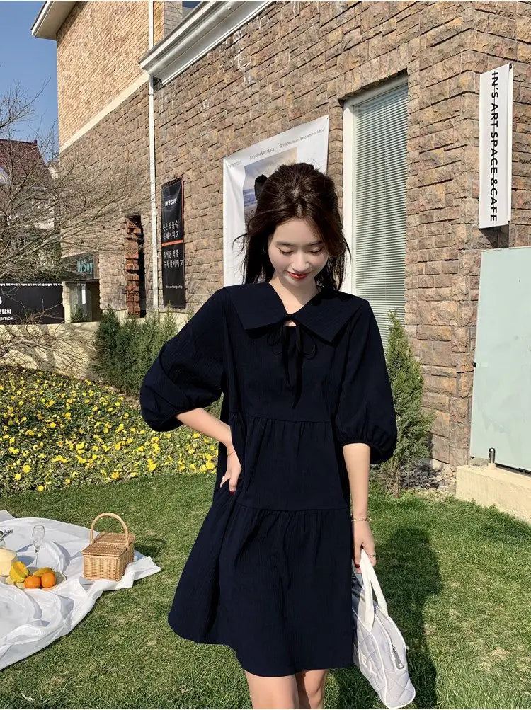 Vintage Pleated Lacing Loose Mini Dress Summer New Half Sleeve Solid Color Sweet Casual Dresses Fashion Korean Women Clothing