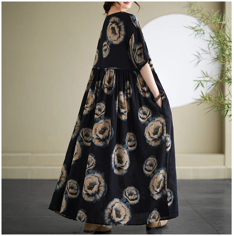 Oversized Summer Bohemian Style Long Dress Women Ruffle Pleated Fashion Flower Print Ladies Dresses Loose Casual Woman Dress