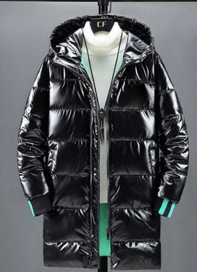 Men's Mid Length Cotton Down Jacket, Thick Down Overcoat, Glossy Coat, Quilted Hoodie, Hat, Winter Trend, Casual, New