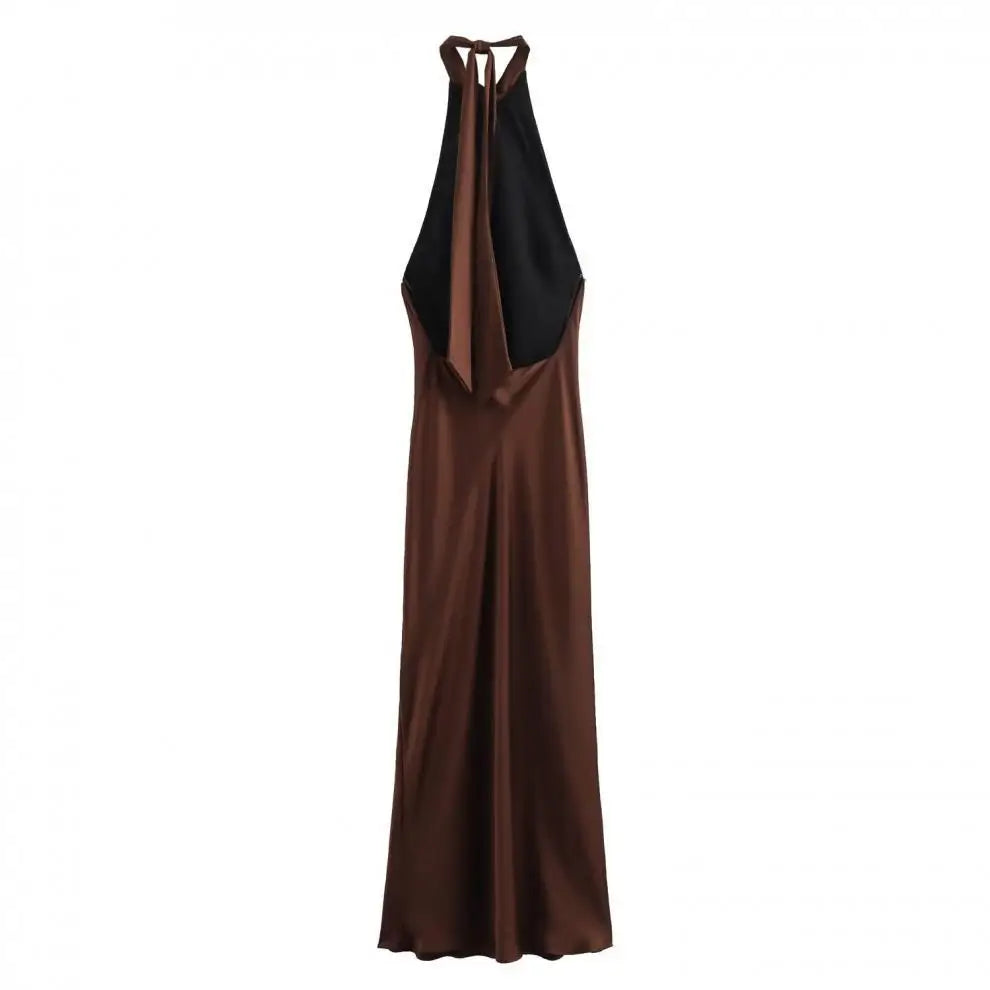Halter Satin Long Dress Women Tied Backless Brown Midi Dress Summer Off Shoulder Party Dresses Pleated Evening Dress