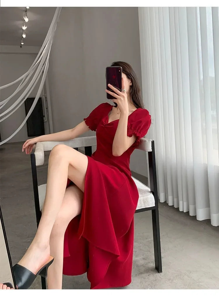 Sweet Vintage French Style Women's Long Dress Summer Hot Sale Of The Season New Bubble Sleeve Square Collar A- Line Split Skirt