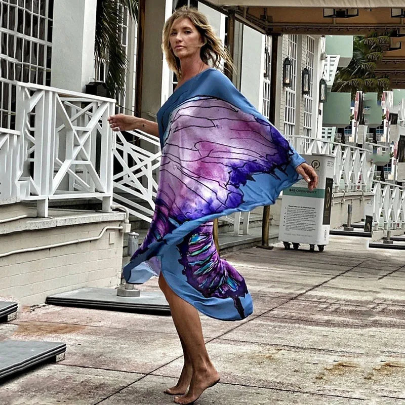 Color Butterfly Print One Shoulder Sleeve Dresses Women Sexy Off Shoulder Loose Beach Vacation Irregular Long Dress Streetwear