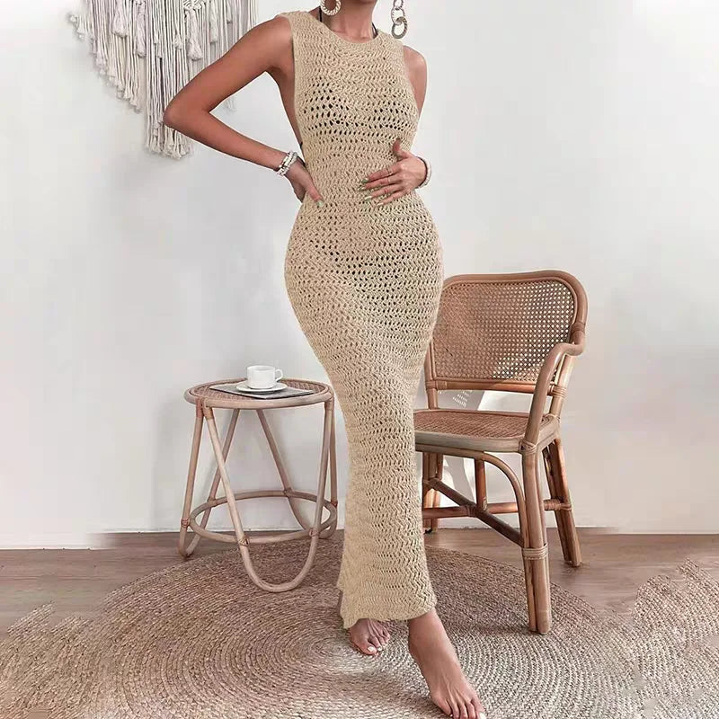 Women's Beach Style O-Neck Knit Hollow out Long Dress 2025 Summer Female Casual Sleeveless Dress Beach Bikini Cover-up Blouse