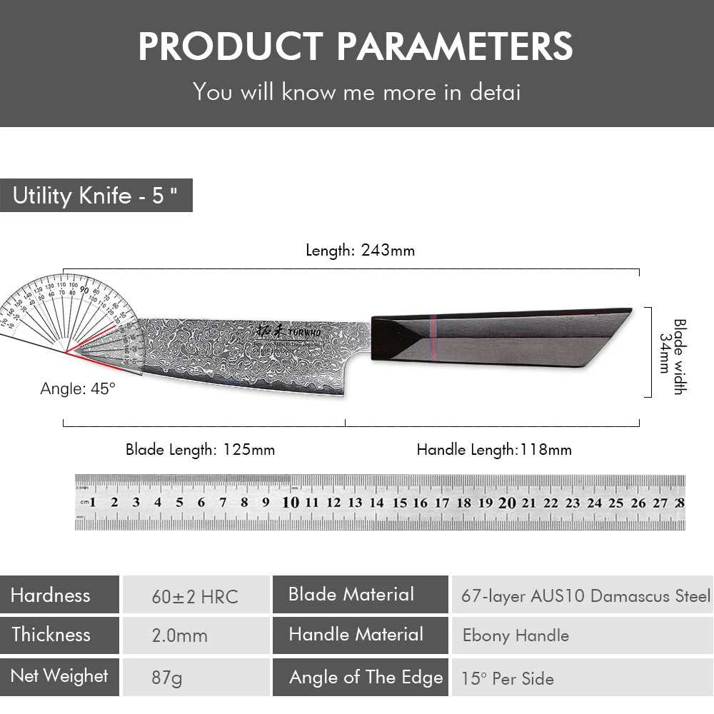 TURWHO 5" Utility Knife AUS-10 Damascus Steel Fruit Vegetable Knife Sharp Pro Chef Kitchen Supplies for Carving Dovetail Handle