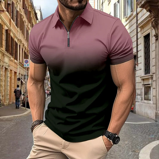 Men Clothes Summer Slim Fit Short Sleeve Fashion Gradient Color Lapel Polo Shirt Men Fashion Golf Zipper Tops Comfortable Polo