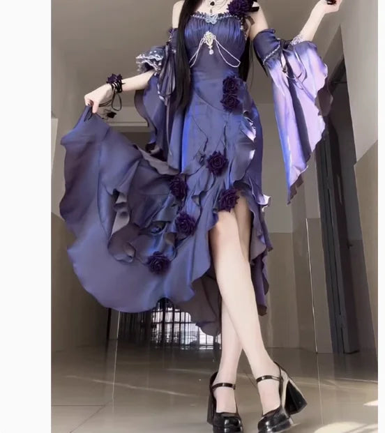 Red Lolita Fishtail Dress Womens High Waist Slim Fit Elegant 3D Rose Irregular Long Dress Lady Gothic Dress Spring and Summer