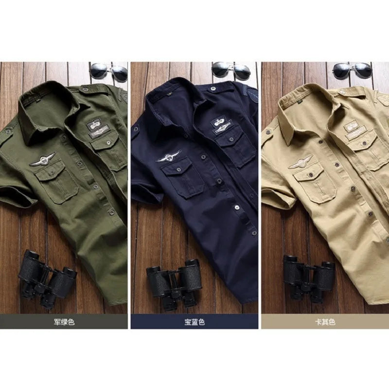 Military Shirt Men's Shirts Casual Style Fashion Clothing Cotton Short Sleeve Retro Vintage 6XL Embroidery Black Drop Shipping