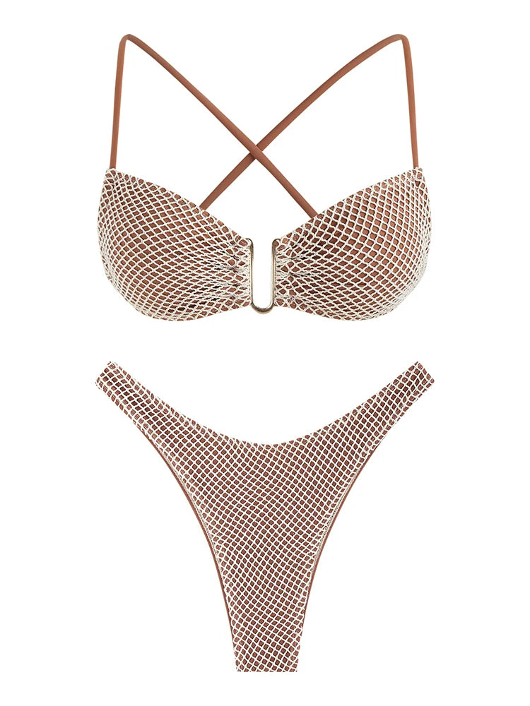 2024 Women's Swimsuit Two Piece Fishnet Bikinis Bikini Sets Solid Backless Tie Back Swimwear for Women Beachwear Bathing Suits