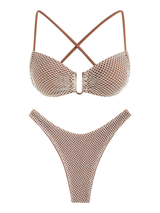 2024 Women's Swimsuit Two Piece Fishnet Bikinis Bikini Sets Solid Backless Tie Back Swimwear for Women Beachwear Bathing Suits