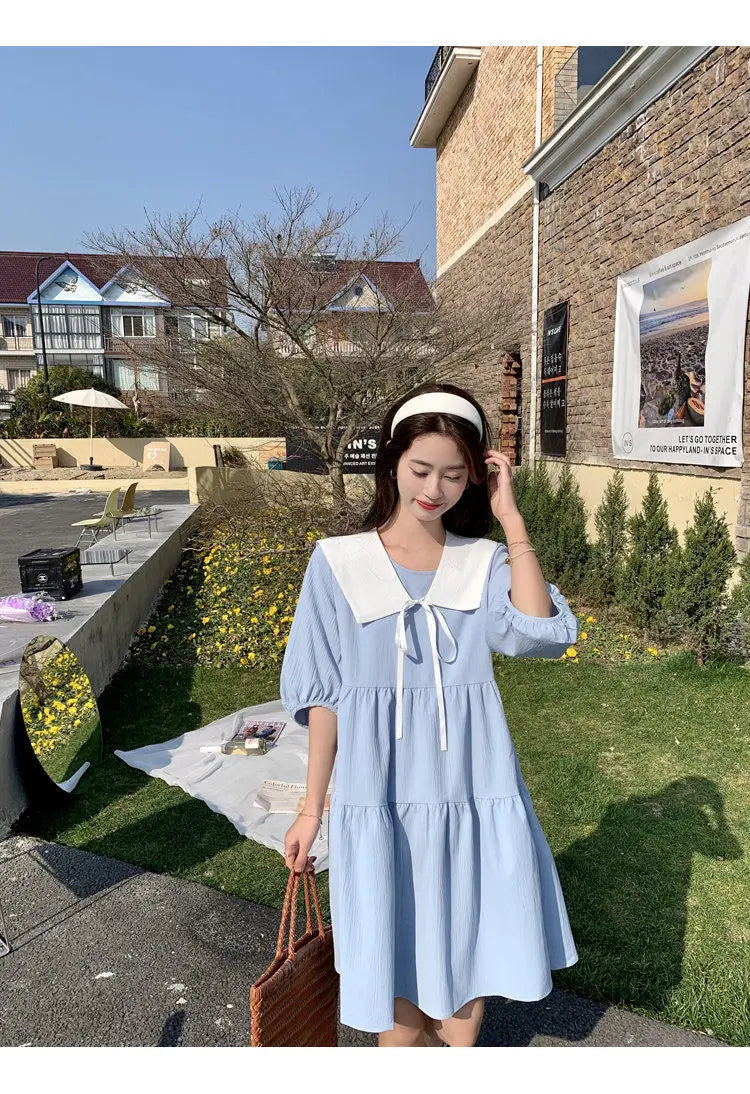 Vintage Pleated Lacing Loose Mini Dress Summer New Half Sleeve Solid Color Sweet Casual Dresses Fashion Korean Women Clothing