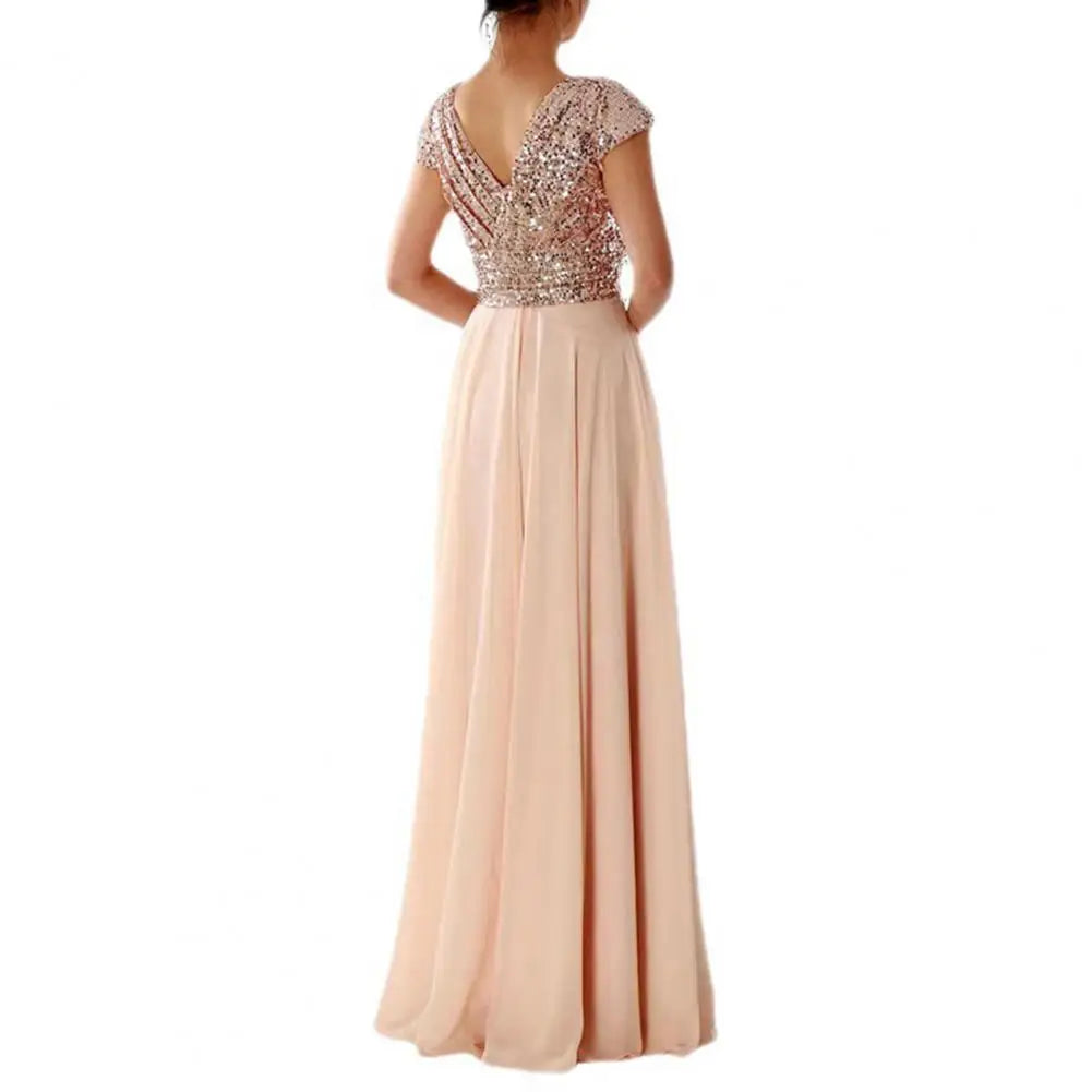 Elegant Sequins Chiffon Dress For women V Neck Pleated Hem Female Sequins Chiffon Prom Cocktail Long Dress Wedding Evening Dress