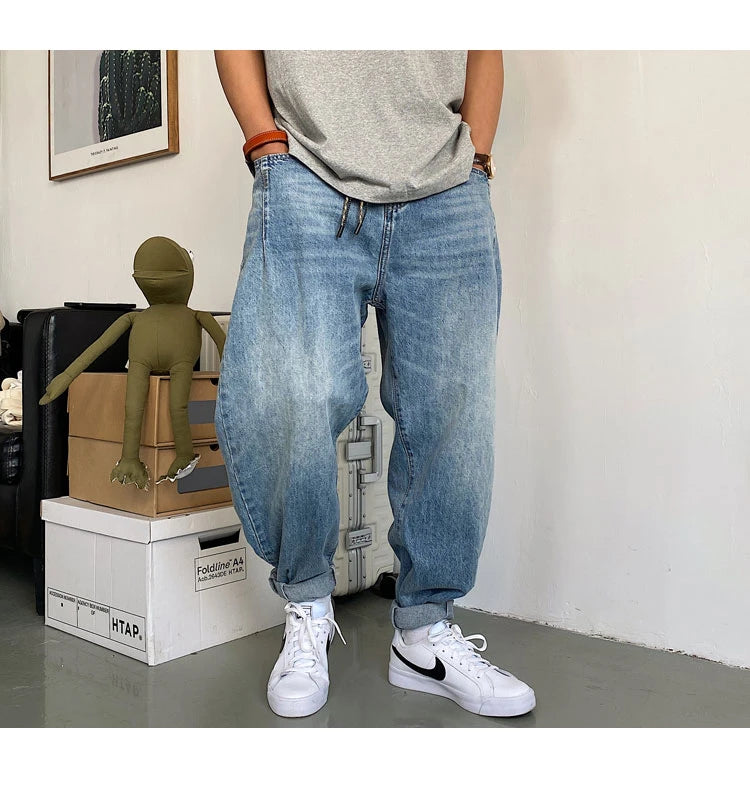 Spring Autumn Japanese Streetwear Retro Casual Denim Cargo Pants Men Clothing Loose Straight Harem Trousers Harajuku Jeans