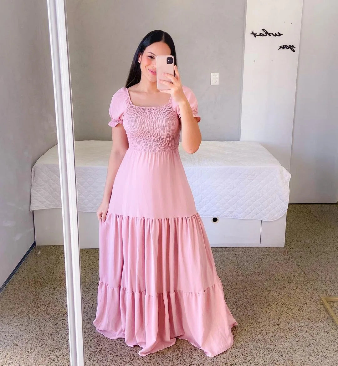 2025 Spring Summer New Women Closing Solid Color Square Collar Short Sleeve Long Dress Vestidos Largos vestidos verano moda 2024