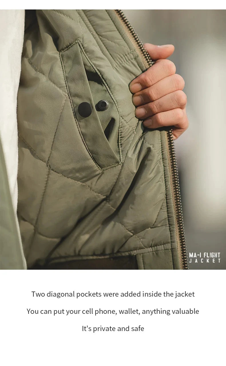 Maden Retro MA1 Bomber Jacket Thickened Splicing Baseball Flight Coat with Inner Pocket for Men's Winter Cotton Padded Jacket