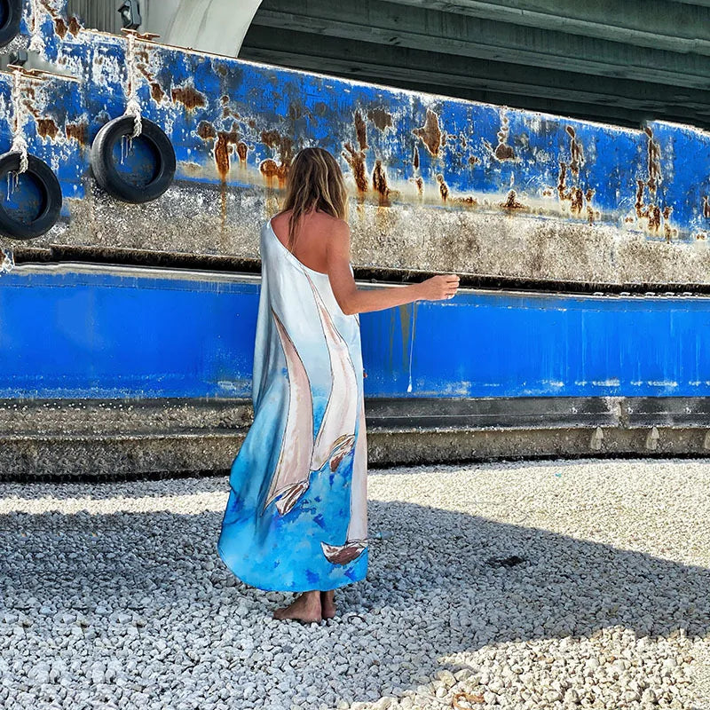 Color Butterfly Print One Shoulder Sleeve Dresses Women Sexy Off Shoulder Loose Beach Vacation Irregular Long Dress Streetwear