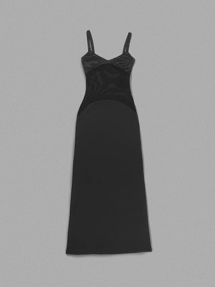 Sexy Spaghetti Strap Diamonds Mesh Patchwork Long Dress Women Sleeveless Beaded Maxi Slim Dress Celebrity Club Party Gowns