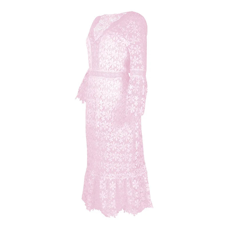 Sexy Autumn Lace Long Sleeve V-neck Big Show Long Dress Women Polyester Fabric High Waist Hollow Out Design Summer Style
