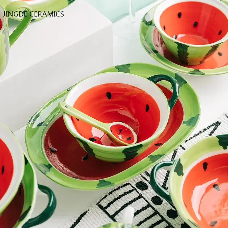 Watermelon Bowl Ceramic Bowl Plate Set Home Ramen Bowl Cute Hand-painted Tableware Children's Rice Bowls Kitchen Accessories