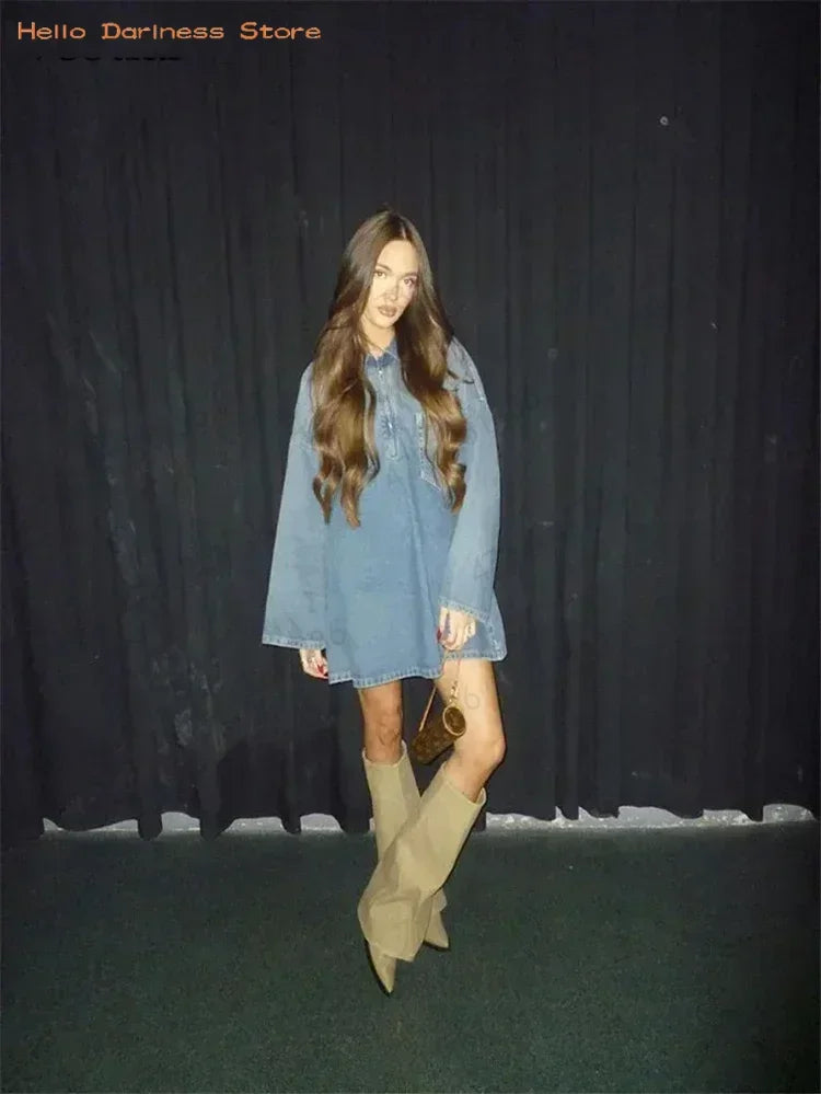 Women's Denim Dresses Lapel Zip Mini Long Sleeve Dresses Fashion Casual Loose Patch Pocket Party Commuter Denim Dresses