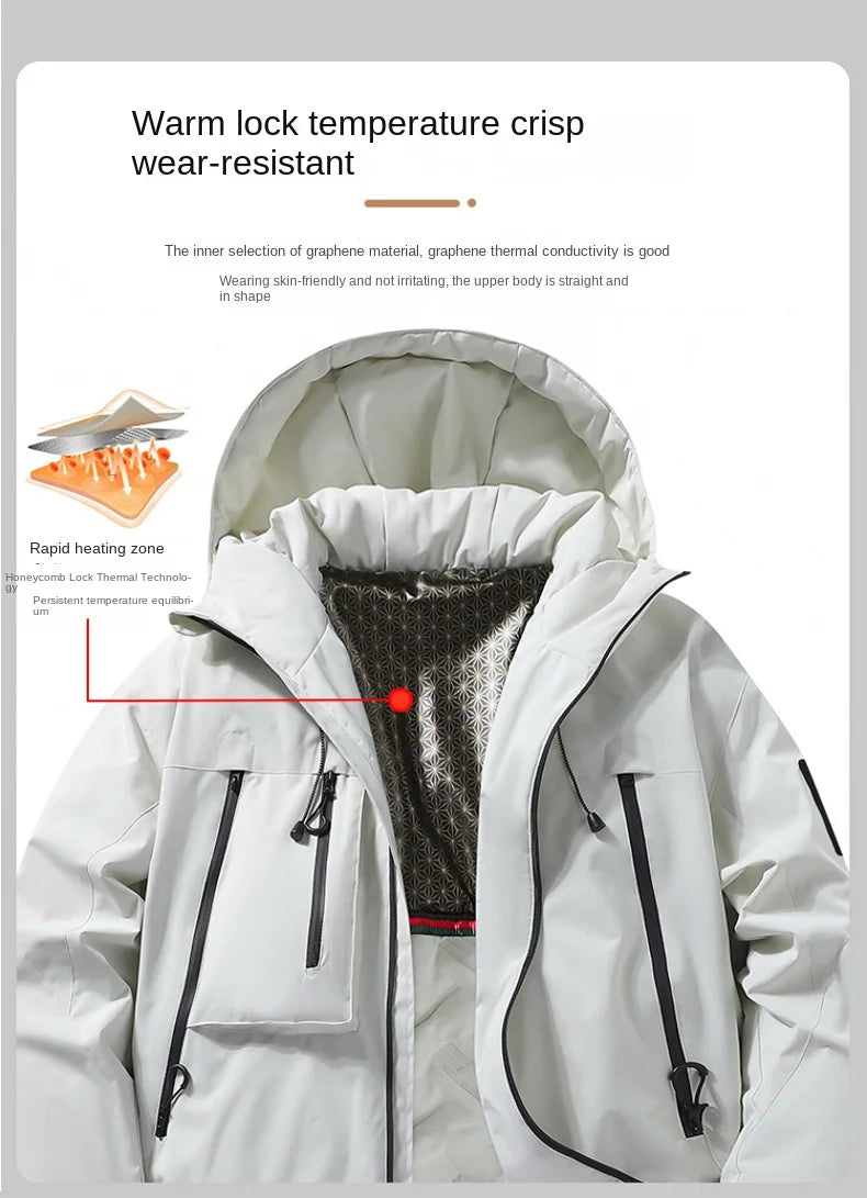 2024 New Winter Jacket Men Women Outdoor Ski Waterproof Graphene Warm Hooded Parka Male Street Casual Multi Pocket Padded Jacket