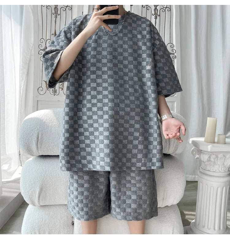 Men's Set Fashion Summer Loose Casual Plaid T Shirts And Shorts High Quality Korean Luxury Clothing Men's Clothes Big Size 5XL-M