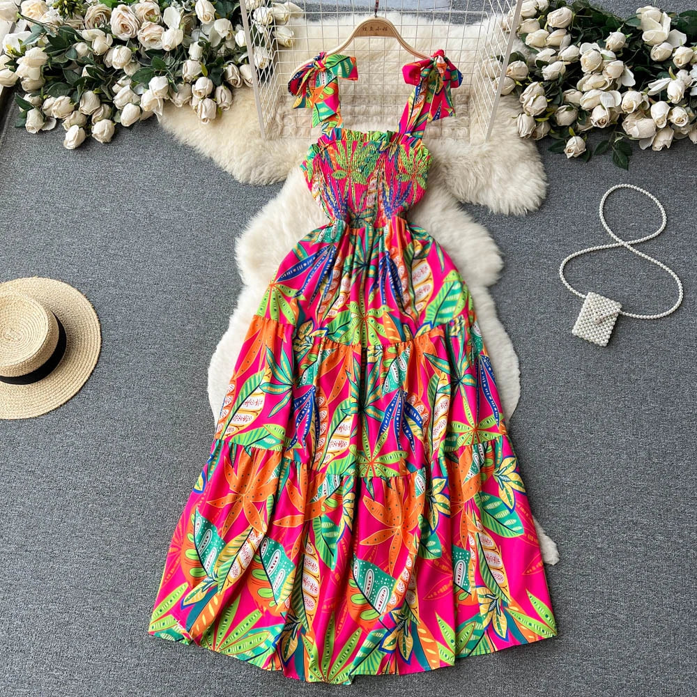 SINGREINY Summer Vacation Spaghetti Strap Long Dress Women Sleeveless Ruched Elastic Backless Dress Floral Print Beach Sundress