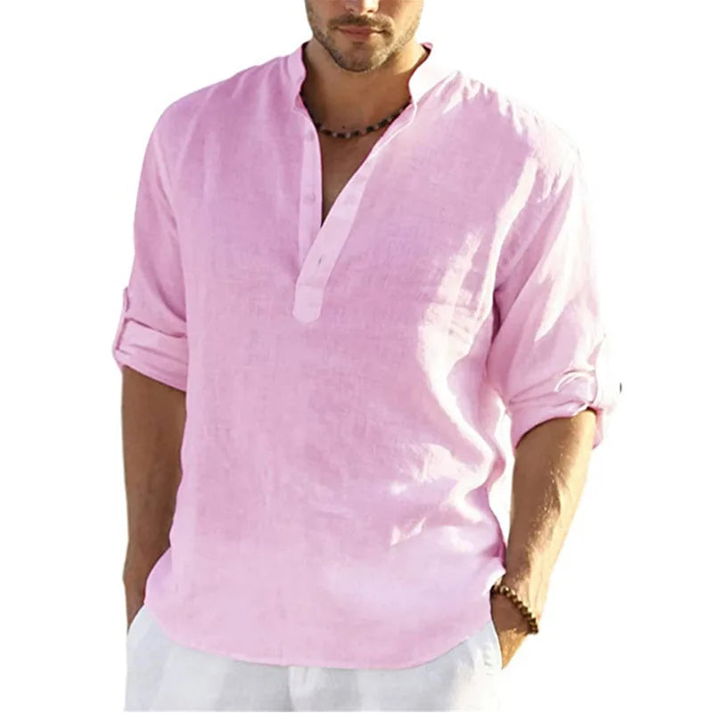 1pcs Summer Men Lightweight Shirt Male Long Sleeve Cotton Linen Shirts Beach Loose Fitting Shir Men's Breathable Collar T Shirt