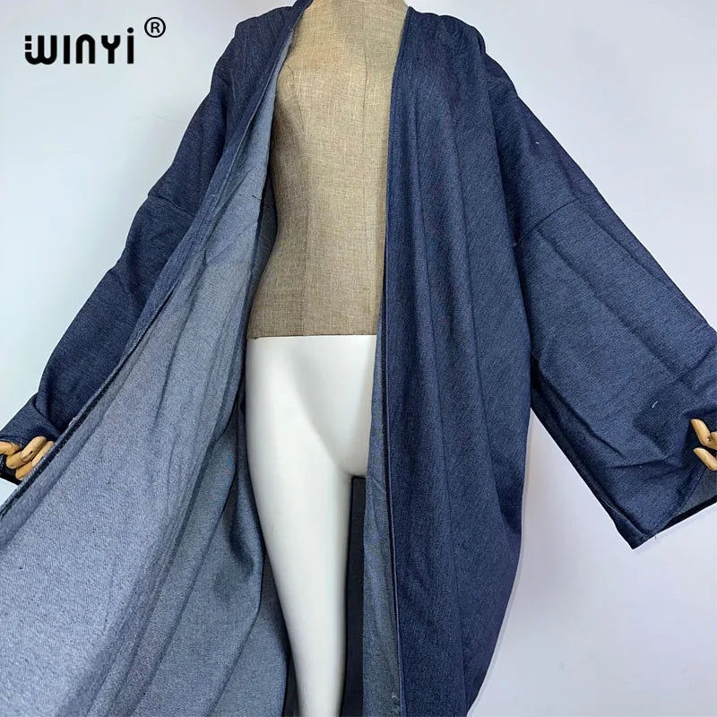 WINYI Embroidered soft denim cardigan Women coat Loose Long Dress elegant Party Boho maxi beach Holiday Swimming Cover Up Kimono