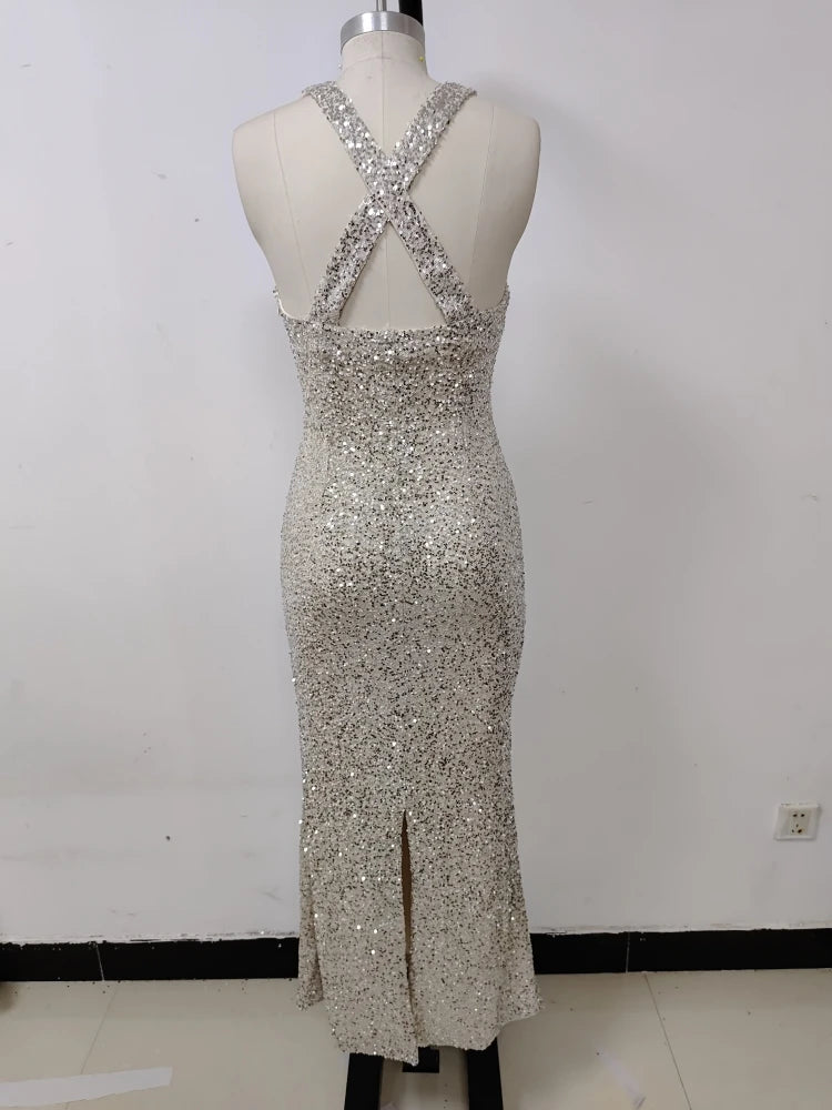 Sexy Spaghetti Straps Glitter Sequin Cut Out Maxi Dress Women Sleeveless Backless Sequined Slim Long Dress Celebrity Party Gowns