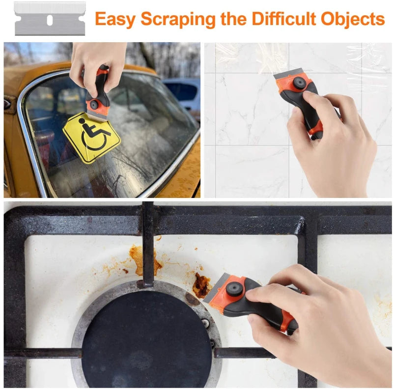 Double-Sided Scraper W/ 20pcs Razor Blade Auto Film Sticker Glue Ice Remover Razor Gap Glass Kitchen Car Cleaner Squeegee Knife