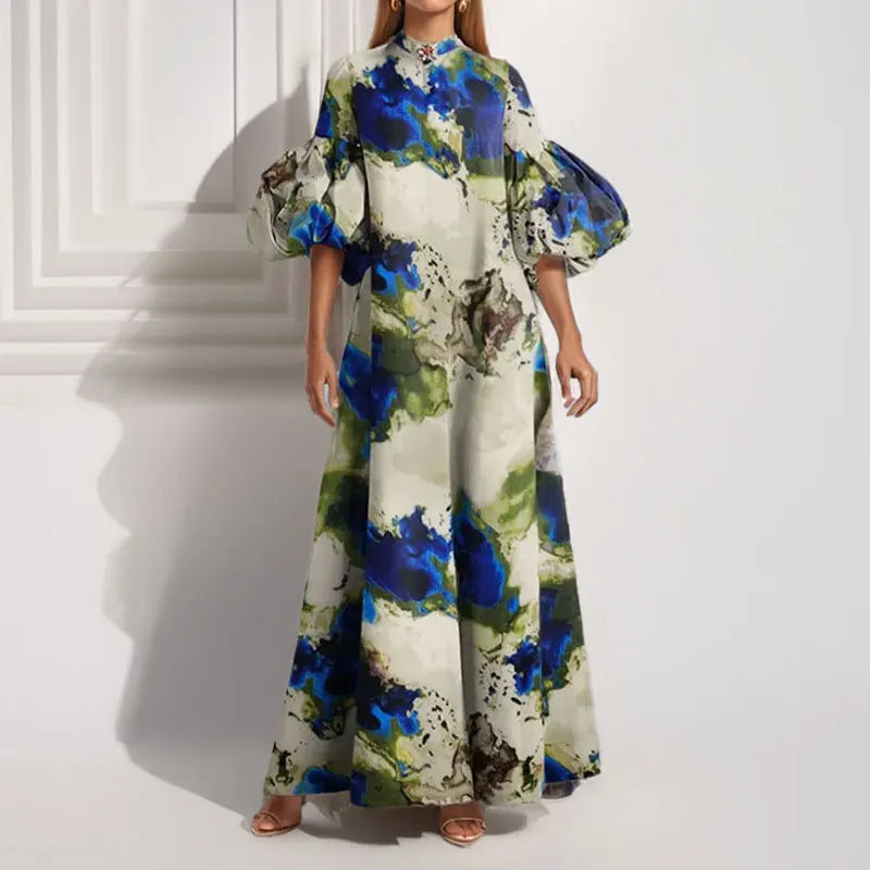 Women's Printed Maxi Dress Elegant Ladies Lantern Sleeve Loose Long Dress Summer New Evening Party Dress For Women