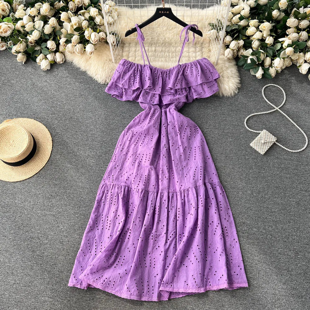 SINGREINY High Street Cotton Embroidery Long Dress Women Hollow Out Backless Beach Sundress Fashion Off the Shoulder Sexy Dress