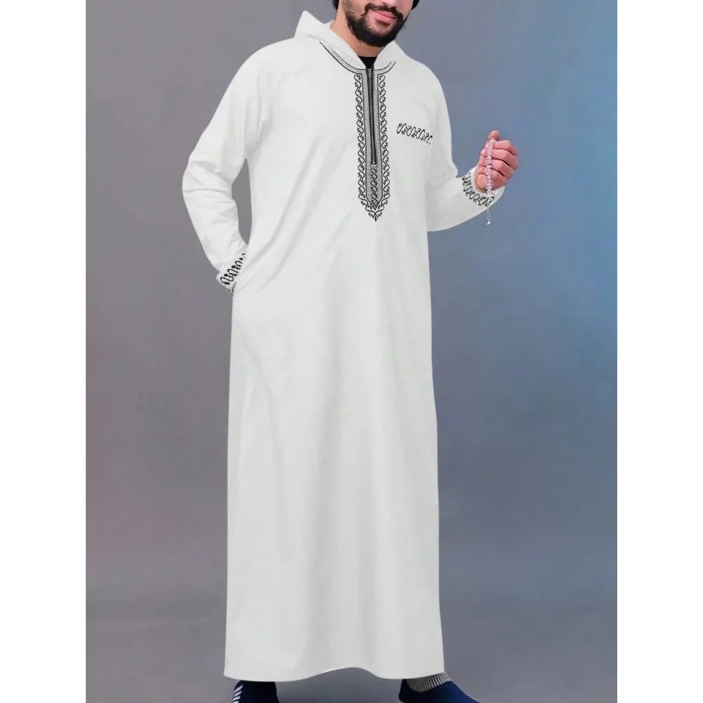 Muslim men's hooded robe fashionable luxury retro ethnic style embroidered men's robe simple casual daily worship robe