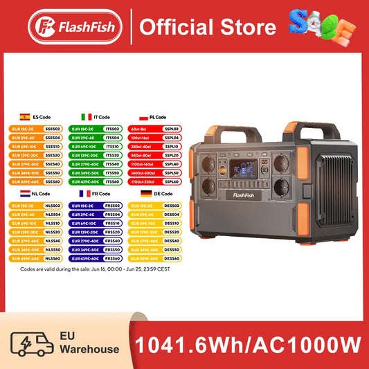 FF Flashfish F132 Lifepo4 Solar Generator 1000W Portable Power Station 1041.6Wh LEP Power Bank Battery USB Type-C AC for Home