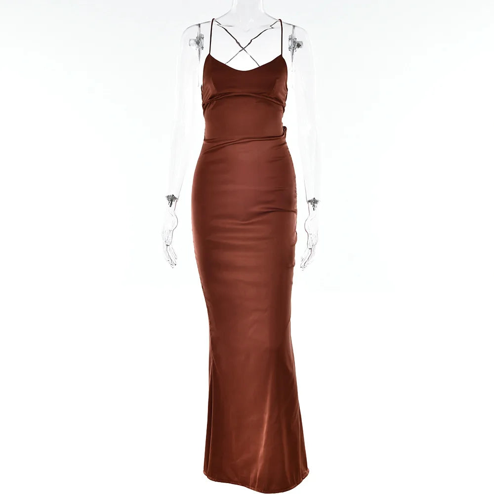 Women's Spaghetti Straps Satin Backless Sexy Dress Summer Beauty Elegant Party Evening Dress Tight Long Dress