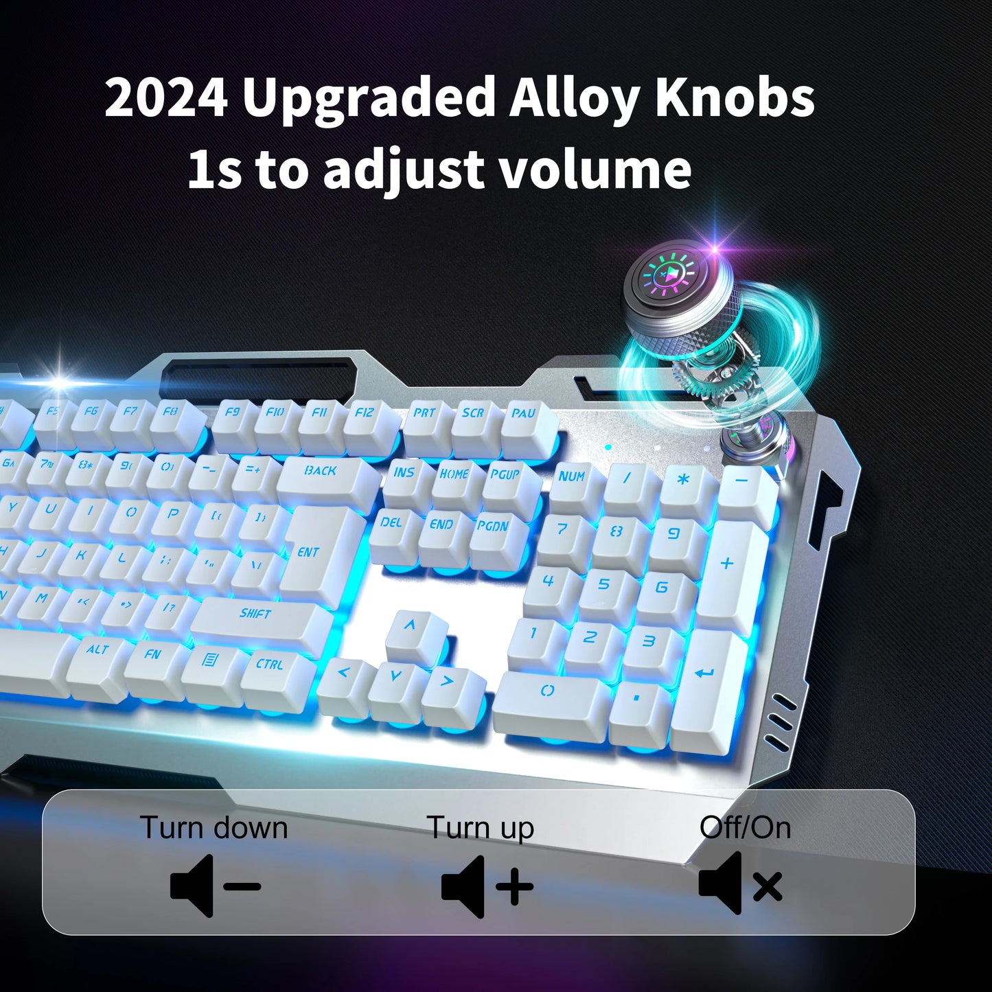 EWEADN Wired Membrane Keyboard, USB All-Metal Panel  Computer Keyboards with Multimedia knob and mobile phone holder,for Gaming
