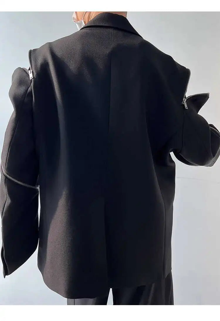 IEFB Zipper Men Suit Personalized Design Coat Casual 2023 Solid Color Long Sleeve Zipper Decoration Male Jacket Darkwear 9A5018